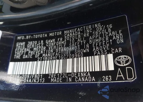 2016 Toyota Corolla Le z USA, uszkodzony, nr VIN 2T1BURHE1GC709960